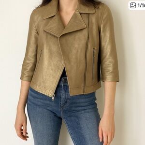 Y2K VTG Leather Moto Jacket DKNYC Metallic Gold 100% Lambskin Size  Medium